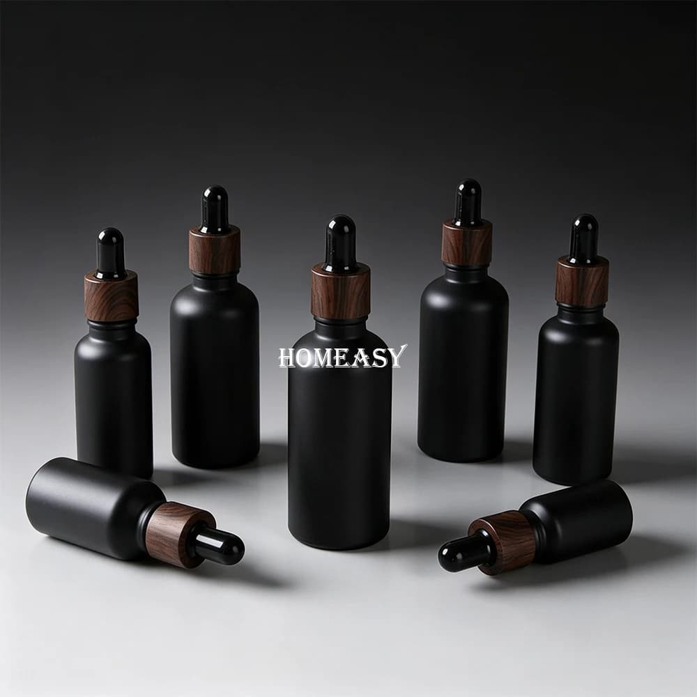 Matte Black Glass Dropper Bottle 7 Sizes Essential Oil Bottle Wooden Lid Refill Aroma Diffuser Storage