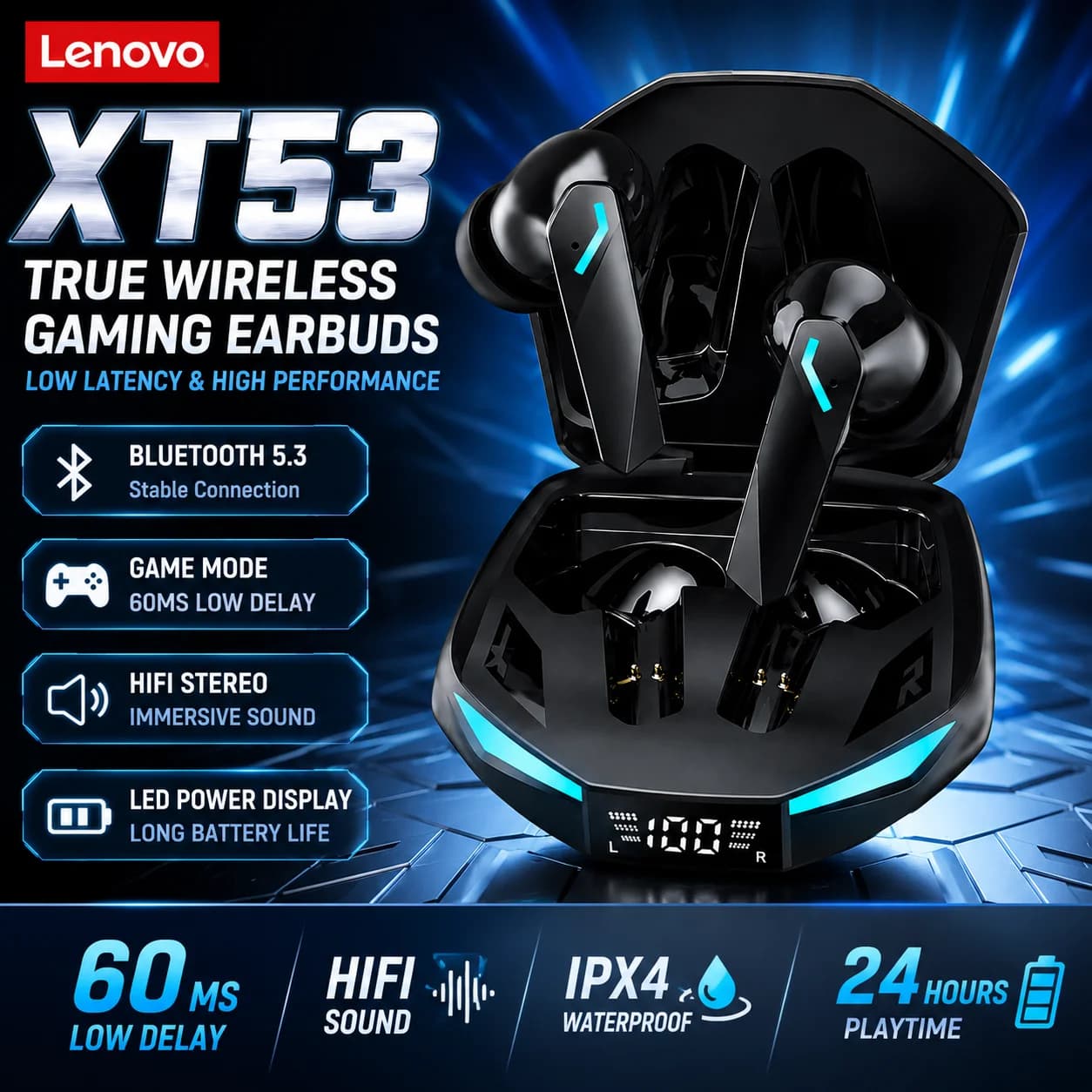 Lenovo XT53 Gaming Earphone Wireless Bluetooth 5.3 Earphones Low Latency Dual Mode Music Earbuds Sports In-Ear Headset With Mic