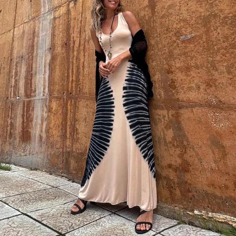 Elegant U-neck Sleeveless Slim Sling Dress Women Sexy Backless Bandage Party Dress Fashion Pattern Print Hollow Out Long Dress
