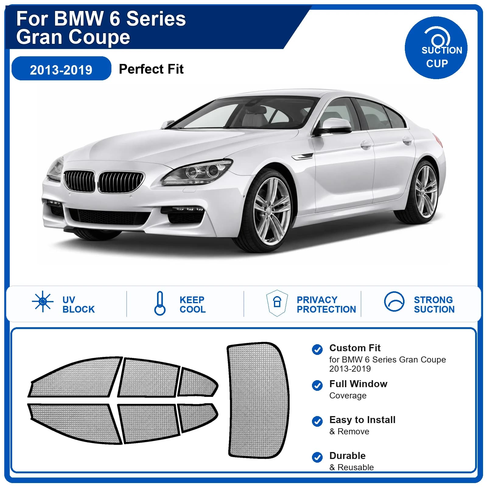 For BMW 6 Series Gran Coupe 2013-2019 Custom Full Set Windshield Sun Shade Aluminum Foil Heat Insulation Anti UV Foldable