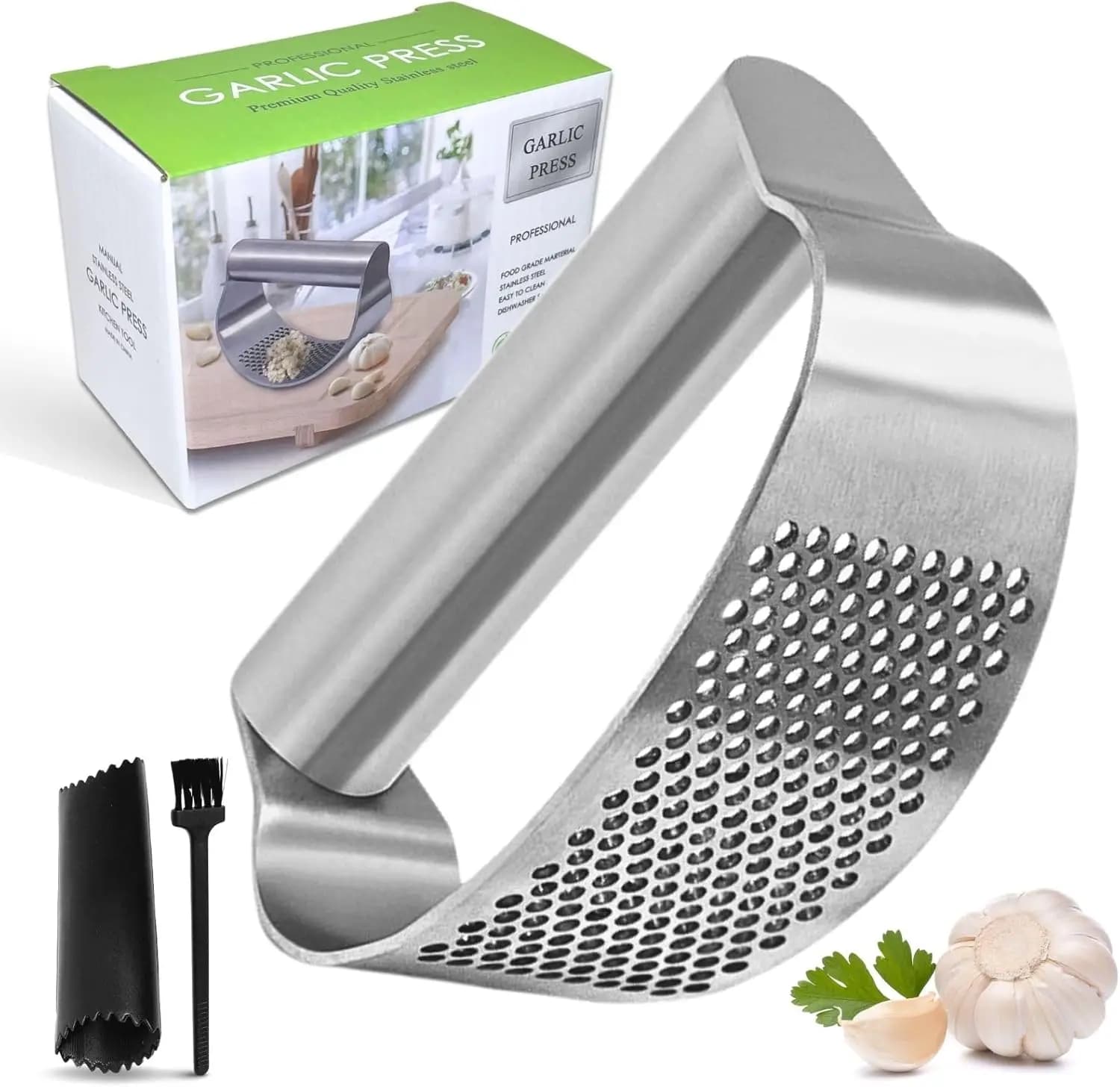 Spremiaglio a Dondolo in Acciaio Inox 304, Trituratore e Schiaccia Aglio con Pelapatate in Silicone e Spazzola per la Pulizia, Ergonomico e Lavabile in Lavastoviglie