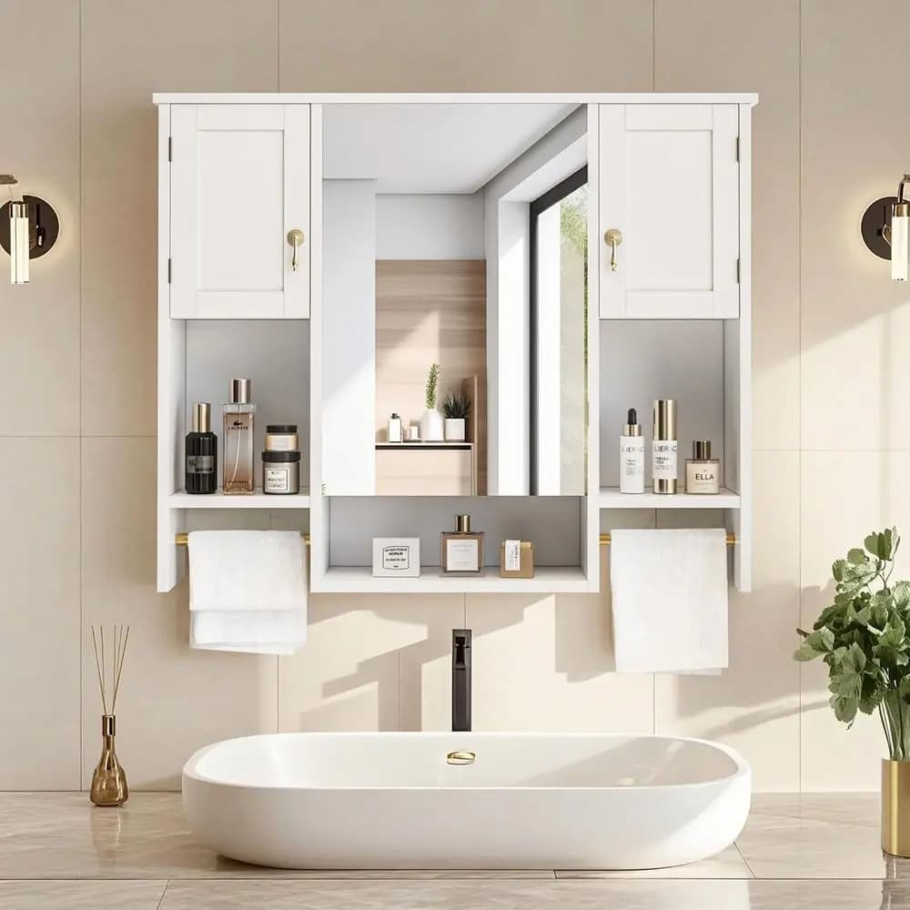 Armadietto da Bagno a Parete con Specchio, Armadietto Portamedicinali a Muro con Ripiani Aperti, 2 Portasciugamani o per Bagno, Lavanderia, Cucina