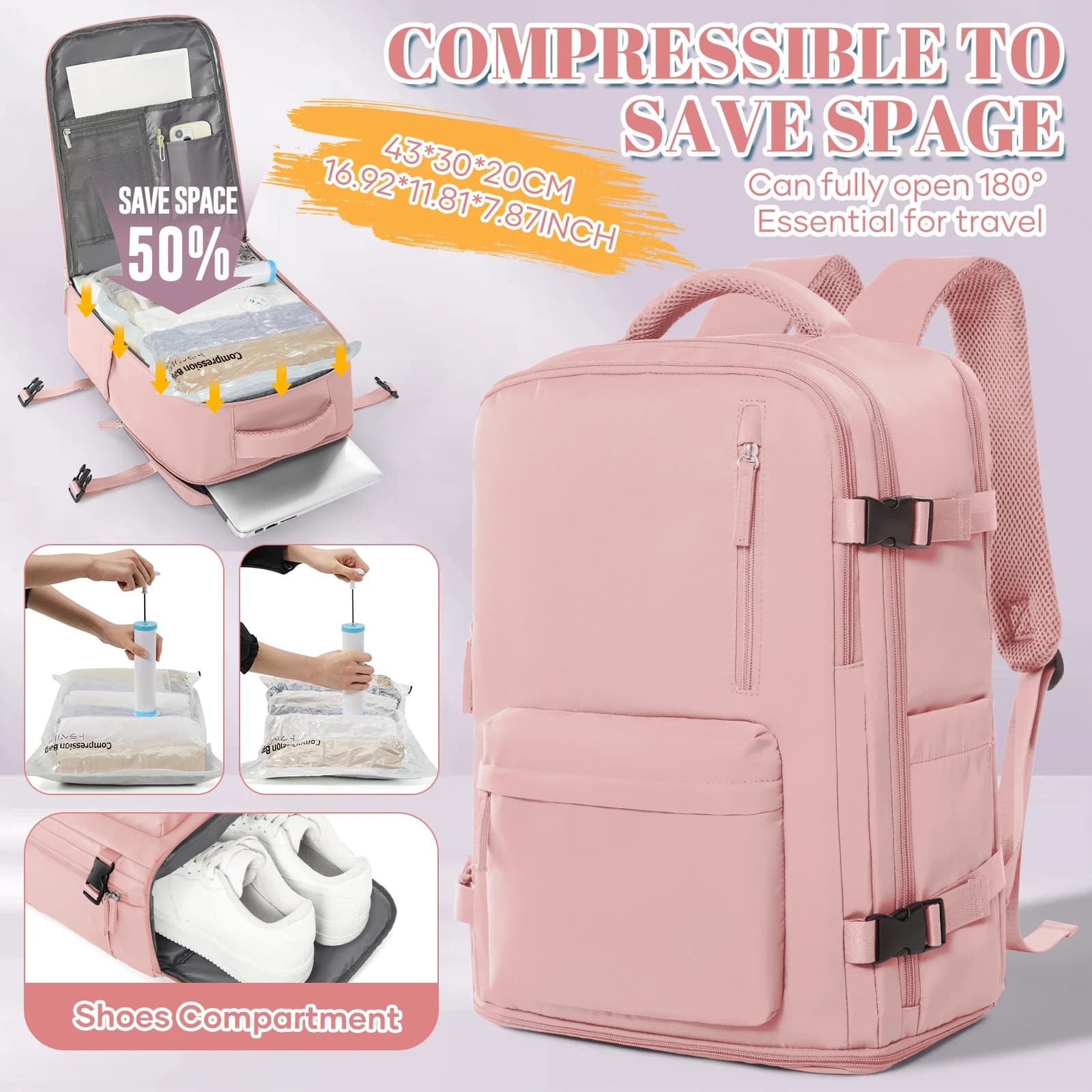 3pcs Ryanair Carry-On Backpack 40x30x20cm with Manual Pump & Vacuum Compression - Durable Nylon Travel Bag for Short Trips