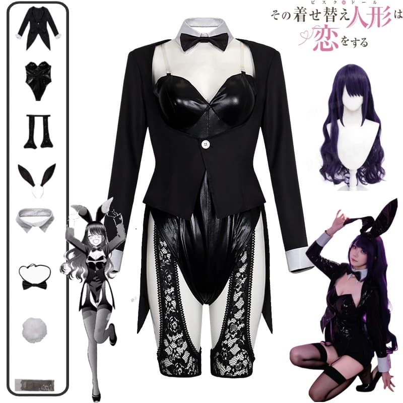 Costume Cosplay My Dress-Up Darling Kitagawa Marin, Sexy Black Leather Body Rabbit, Wig, Hair Clip Set for Rabbit Earrings, for Comic With