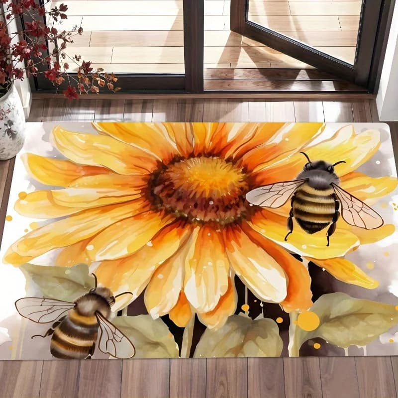 Zerbino con girasole e ape: design floreale brillante per un allegro ingresso domestico, perfetto per gli ospiti accoglienti con il fascino della natura