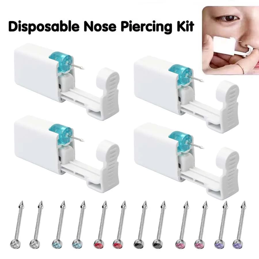 Kit per piercing al naso autopiallergico da 4 pezzi: pistola per piercing al naso usa e getta con borchie per naso integrate