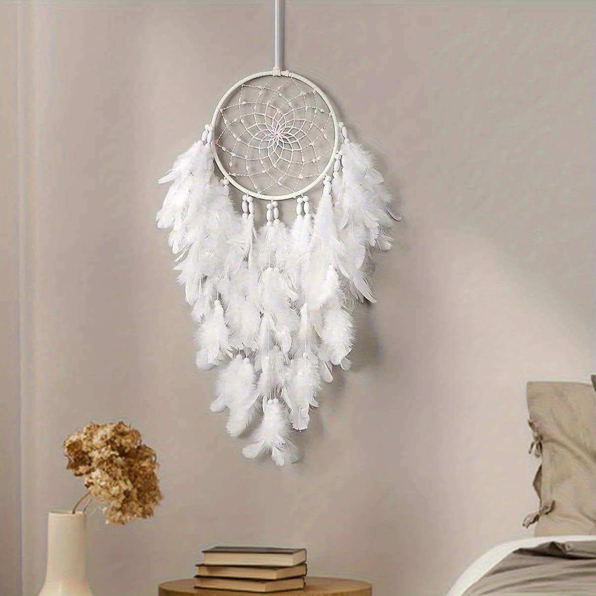 1 pc 20in White Feathers Dream Catcher Wall Hanging Elegant Wall Art Room Decoration for Windows Balcony Bedroom Wedding