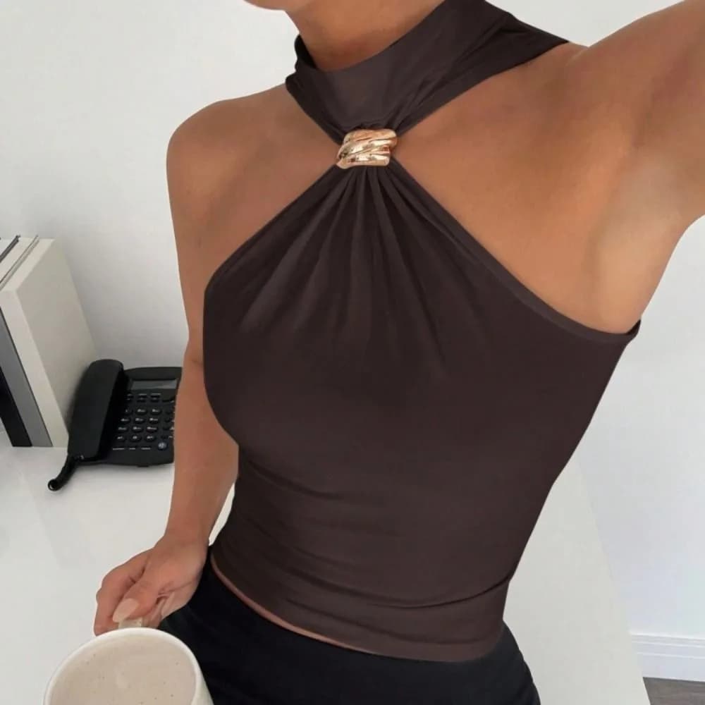 Elegant Ruched Halter Neck Top Stretchy Solid Color Fitted Blouse Cropped Metal Ring Sleeveless Halter Neck Crop Summer Outfits