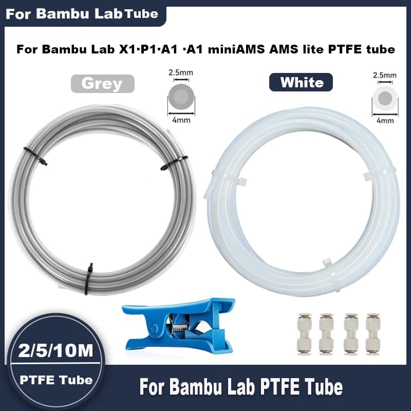 PTFE Tube 2.5mm X 4mm 5M for Bambu Lab X1/X1C/P1P/P1S/A1/A1 Mini/AMS/AMS Lite with Cutter Connectors, 3D Printer Filament Tubing