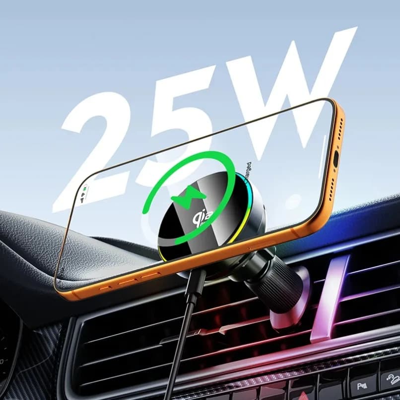 Supporto di ricarica wireless magnetico Qi2 da 25W per auto, compatibile con MagSafe iPhone 17 16 15 14 13 12 Pro Max, con luce RGB e fissaggio per bocchetta dell'aria, ricarica rapida