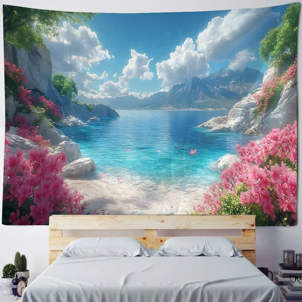 Bellissimo arazzo con scenario balneare appeso a parete, arazzo con castello sognante, stoffa per appendere la camera da letto di casa, lenzuola per yoga con tappetino da picnic sulla spiaggia