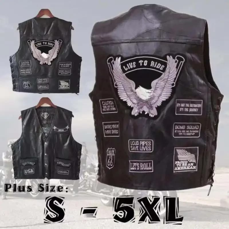 Stile Harley Motocicletta da uomo Gilet Spalla in pelle PU Serie scura Distintivo ricamato Designb;4.f'7;j,3'