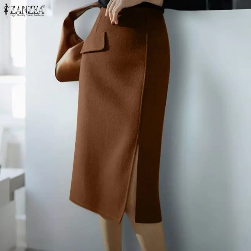 2026 ZANZEA Gonna a tubino elegante da donna a vita alta, tinta unita, con spacco, lunghezza midi, alla moda, casual, per feste, streetwear