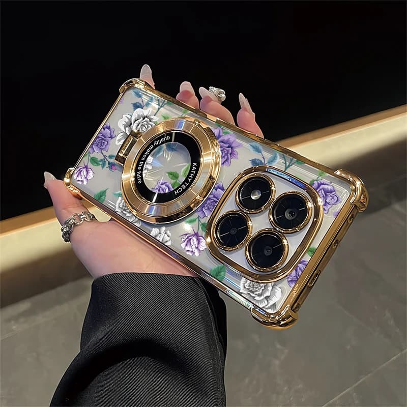 Floral Flower Print Phone Case For Vivo Y400 Pro Y77 Y77T Y78 Plus Y73S Y300 Y200i Luxury Plating Shockproof Stand Holder Cover