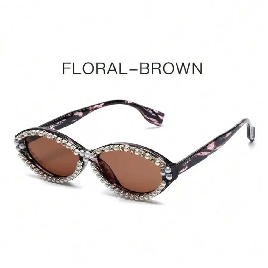 Retro Cat Eye Sunglasses With Pearl And Rhinestone Embellishment Floral Brown Frame
