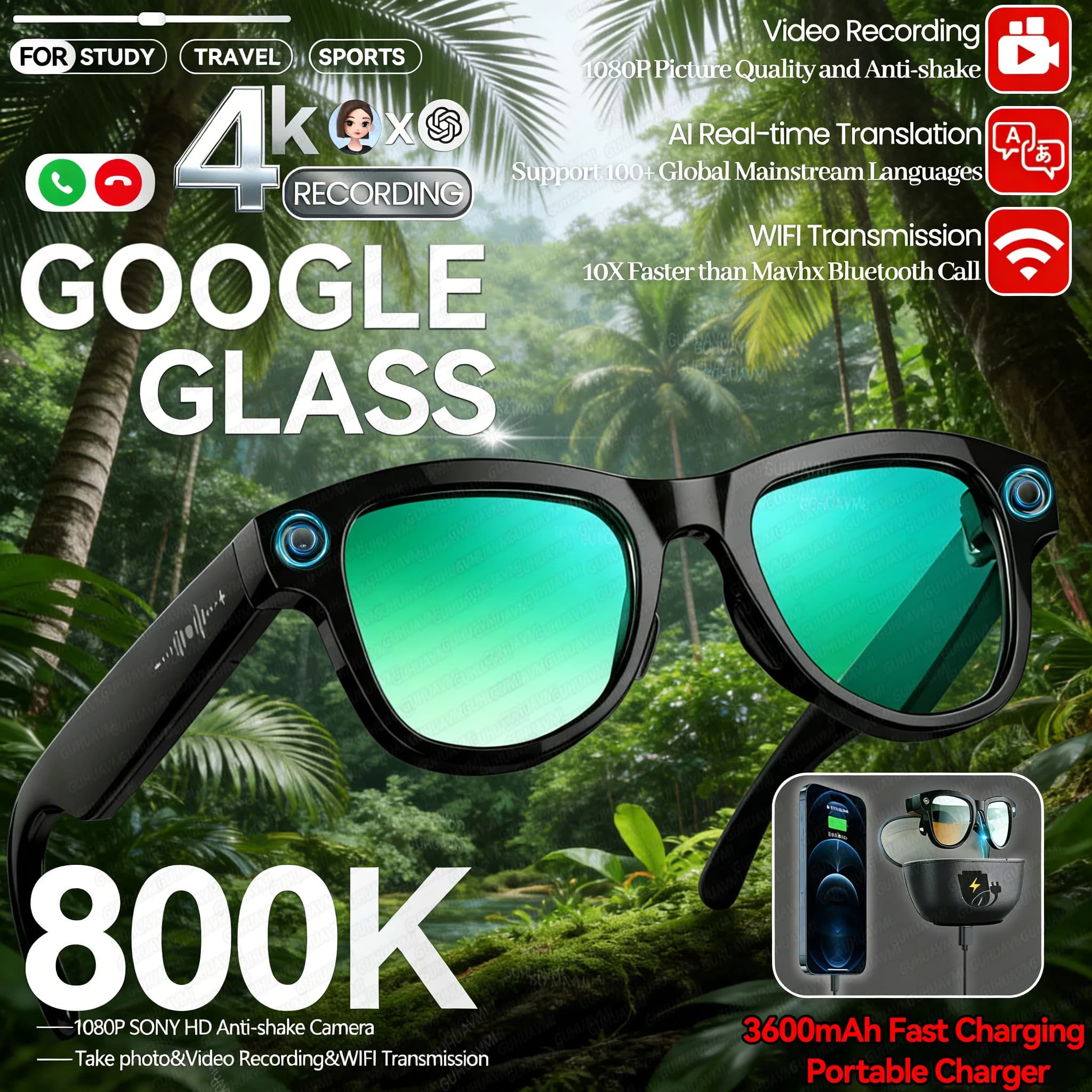 New camera from 800 W AI 3600 mAh Power Bank men's glasses Intelligent translation glasses Video recording photos Waterproof call Women's sunglasses