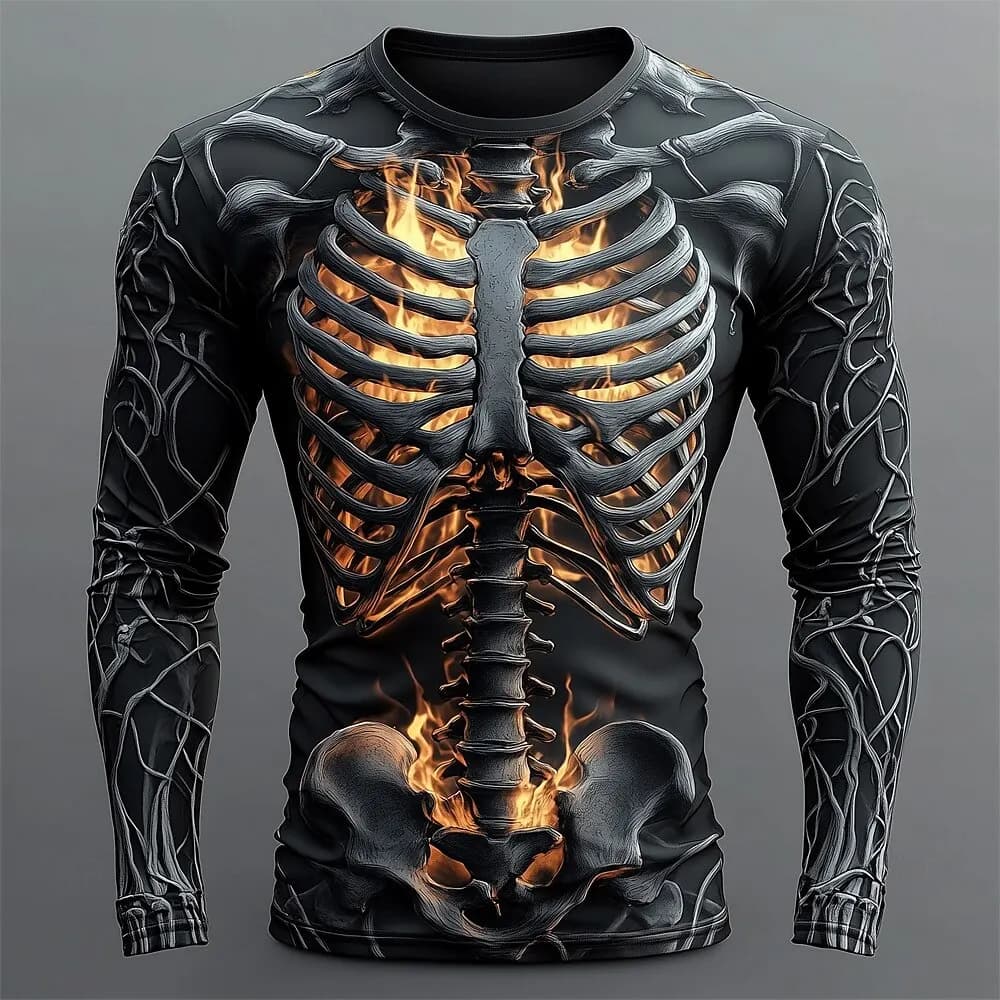 Men's 3D Flame Skull Pattern T-Shirt Long-Sleeve Casual Fashion T-Shirt Top Sweatshirt Breathable Streetwear Oversized T-Shirt