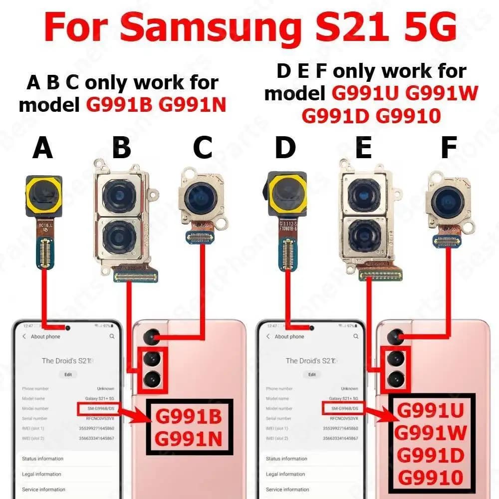 Fotocamera anteriore posteriore per Samsung S21 5G G991 Parte posteriore frontale frontale Selfie Modulo fotocamera posteriore Parti di ricambio per telefono cellulare
