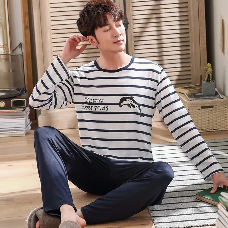 Pantaloni lunghi a maniche lunghe primaverili e autunnali Pigiama da uomo Homewear Allentato Casual Indumenti da notte a righe Indumenti da notte di grandi dimensioni Pigiama