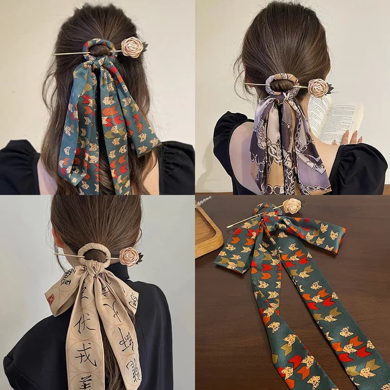 Nuova sciarpa di seta Bastoncini per capelli stampati Stile cinese Elegante nastro lungo da donna Fascia per capelli Bandana Accessori per capelli con clip per capelli