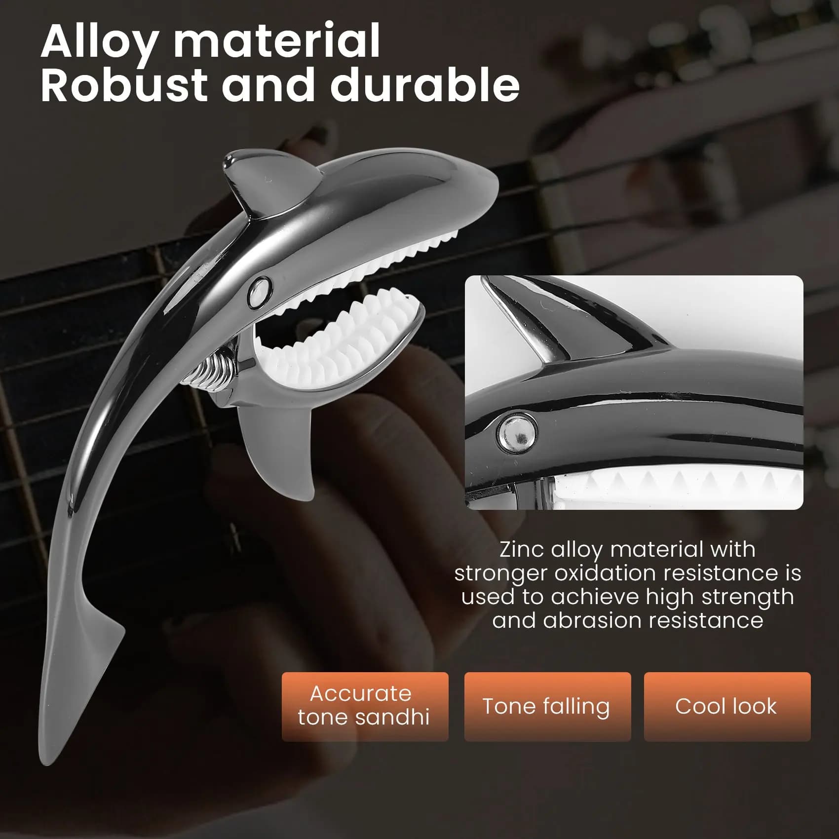 (AD10) Capotasto per Chitarra Shark in Lega di Zinco per Chitarre Acustiche, Elettriche, Classiche e Bassi, Ukulele, con Plettro, Nero