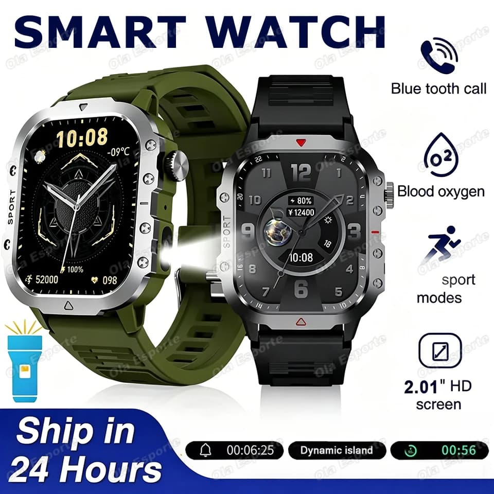 Nuovo Smartwatch Torcia 2026 Militare da Uomo IP68 5ATM Impermeabile per Sport all'Aperto con Monitoraggio della Salute e Chiamate Bluetooth