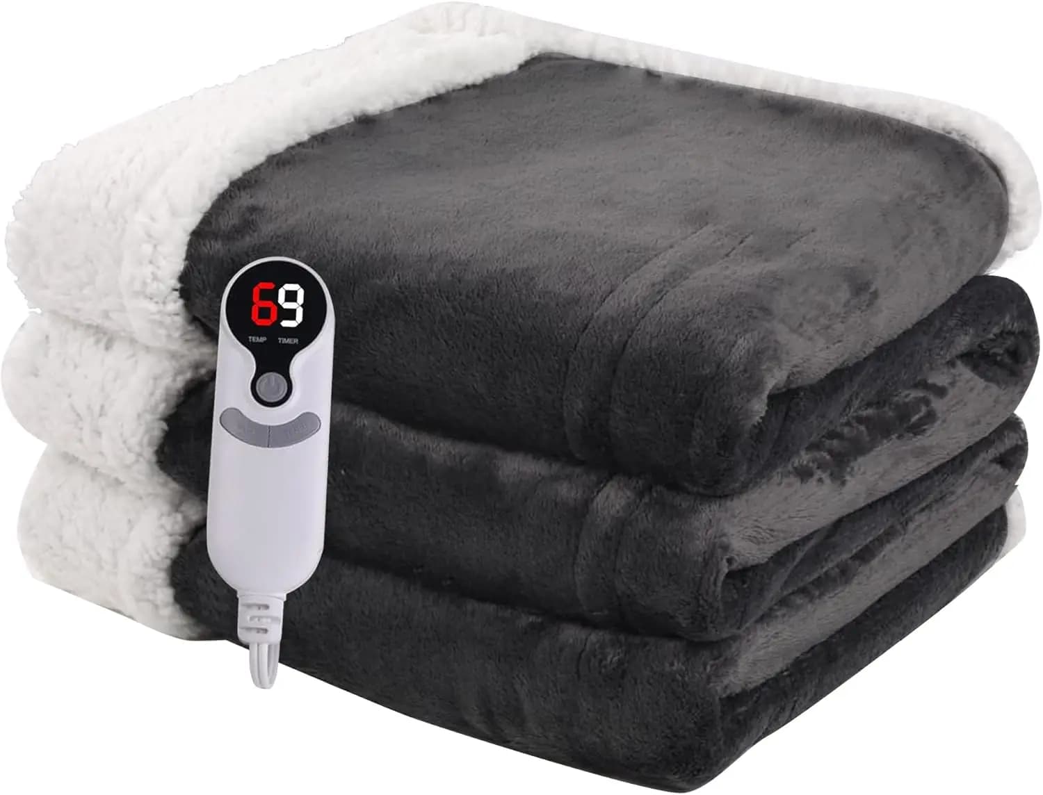Coperta riscaldata elettrica a grandezza naturale 72x84, flanella con spegnimento automatico, 6 impostazioni di calore, lavabile in lavatrice grigio scuro
