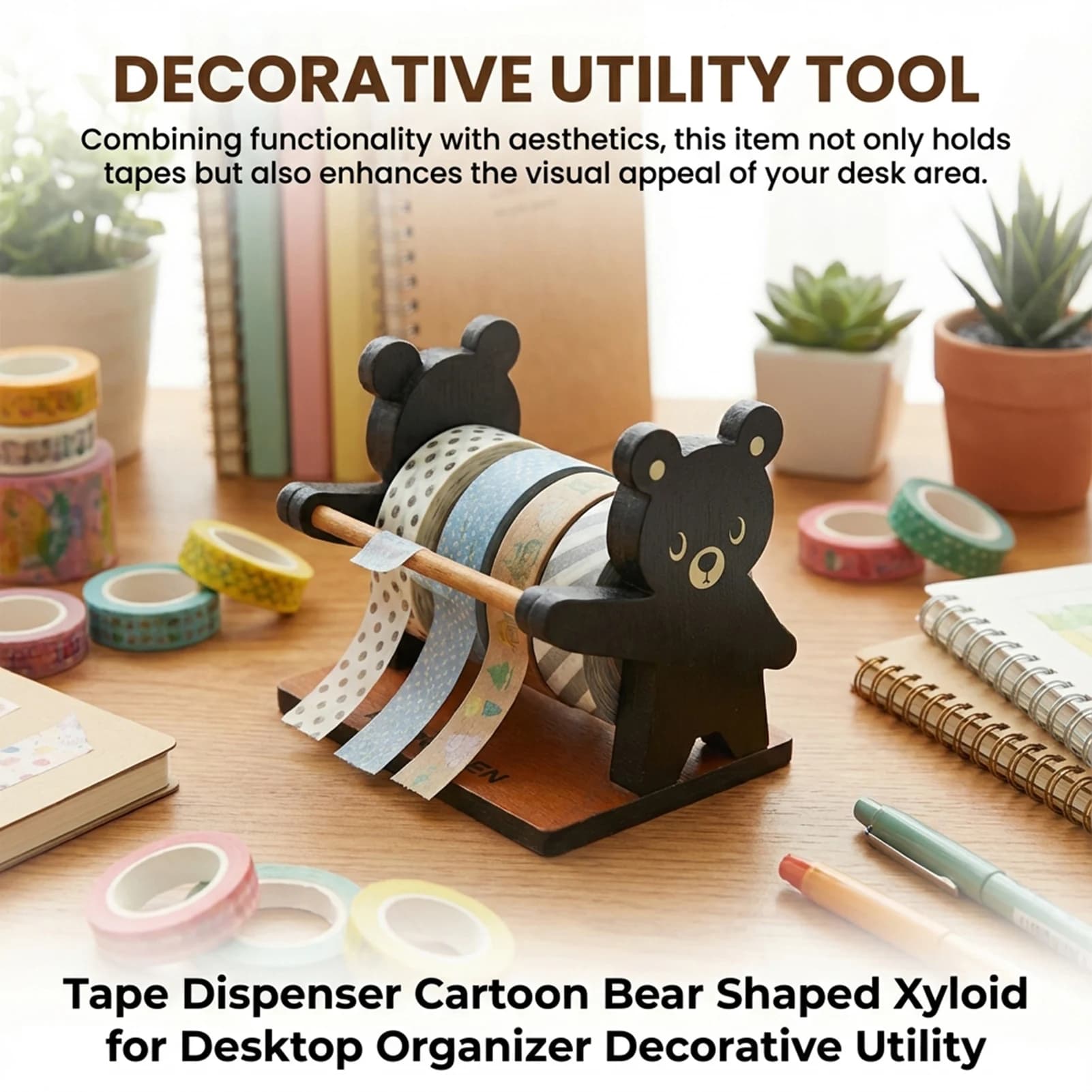 Dispenser per Nastro Adesivo a Forma di Orso in Legno per Organizzazione Scrivania e Decorazione