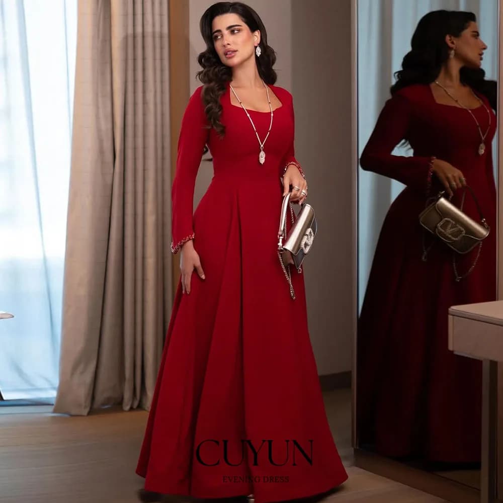 CUYUN Abiti da sera con colletto quadrato rosso Maniche lunghe personalizzate Crepe A-Line Perline Abito da ballo lungo fino al pavimento per le donne