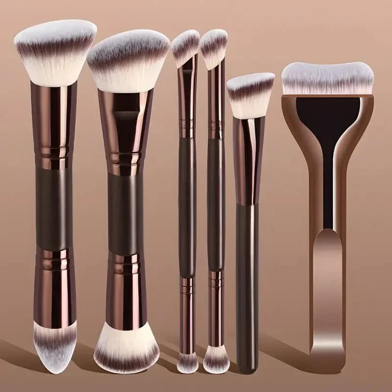 Set di pennelli per trucco a doppia testa 6 pezzi, pennelli professionali multifunzionali per fondotinta, contouring, fard e ombretto, in morbido pelo sintetico.