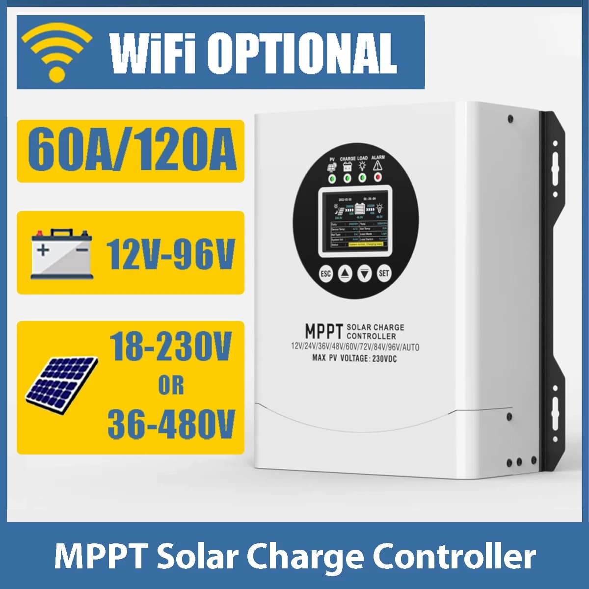 MPPT 60A 120A Solar Charging Regulator 12V-96V 192V Battery System Automatic Identification Input Photovoltaic Panel Maximum 230V 480V WiFi Optional
