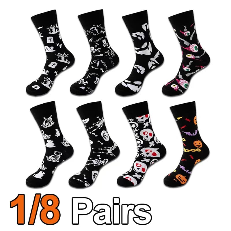 1/8 paia di calzini unisex stampati a tubo medio con teschio alla moda, zucca, che assorbono il sudore, traspiranti, per tutte le stagioni