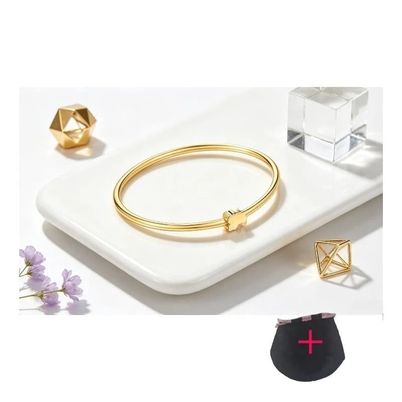 Gold Smooth Bangle Bracelet Mini Bear Charm Thin Round Cuff Wrist Jewelry Gift for Women Daily Wear
