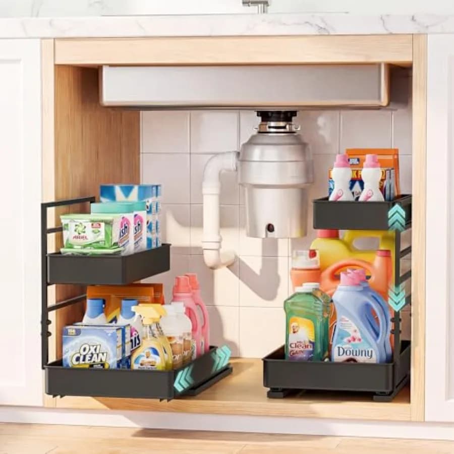 Organizzatore Estraibile a 2 Ripiani in Metallo Regolabile in Altezza per Armadietti Sottolavello in Cucina, Bagno, con Coperchio Superiore a Scatto