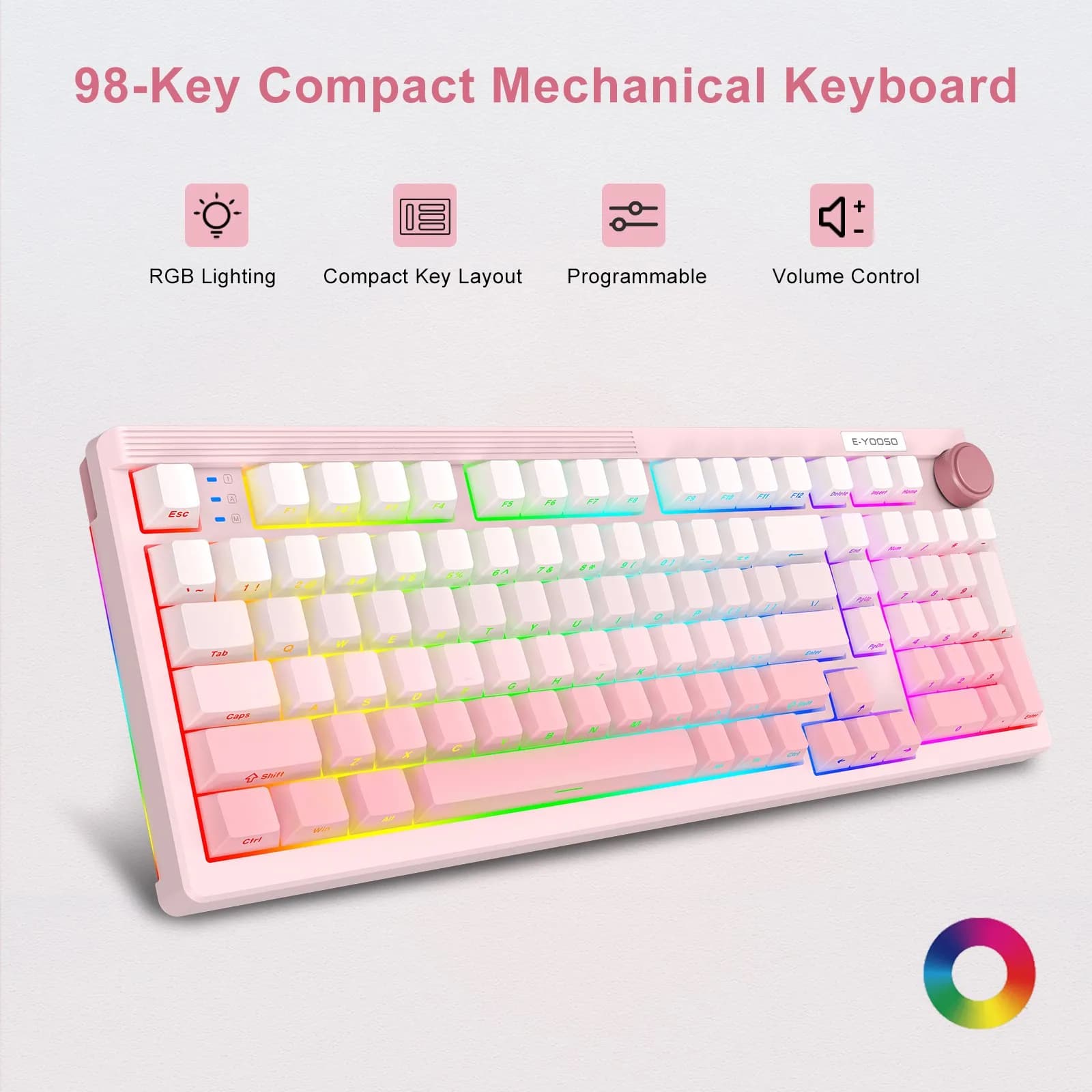 Tastiera Meccanica da Gaming E-YOOSO a 98 Tasti, Cablata Tri-modalità, Batteria 4000mAh, Retroilluminazione RGB, Manopola Multifunzione per PC/Mac