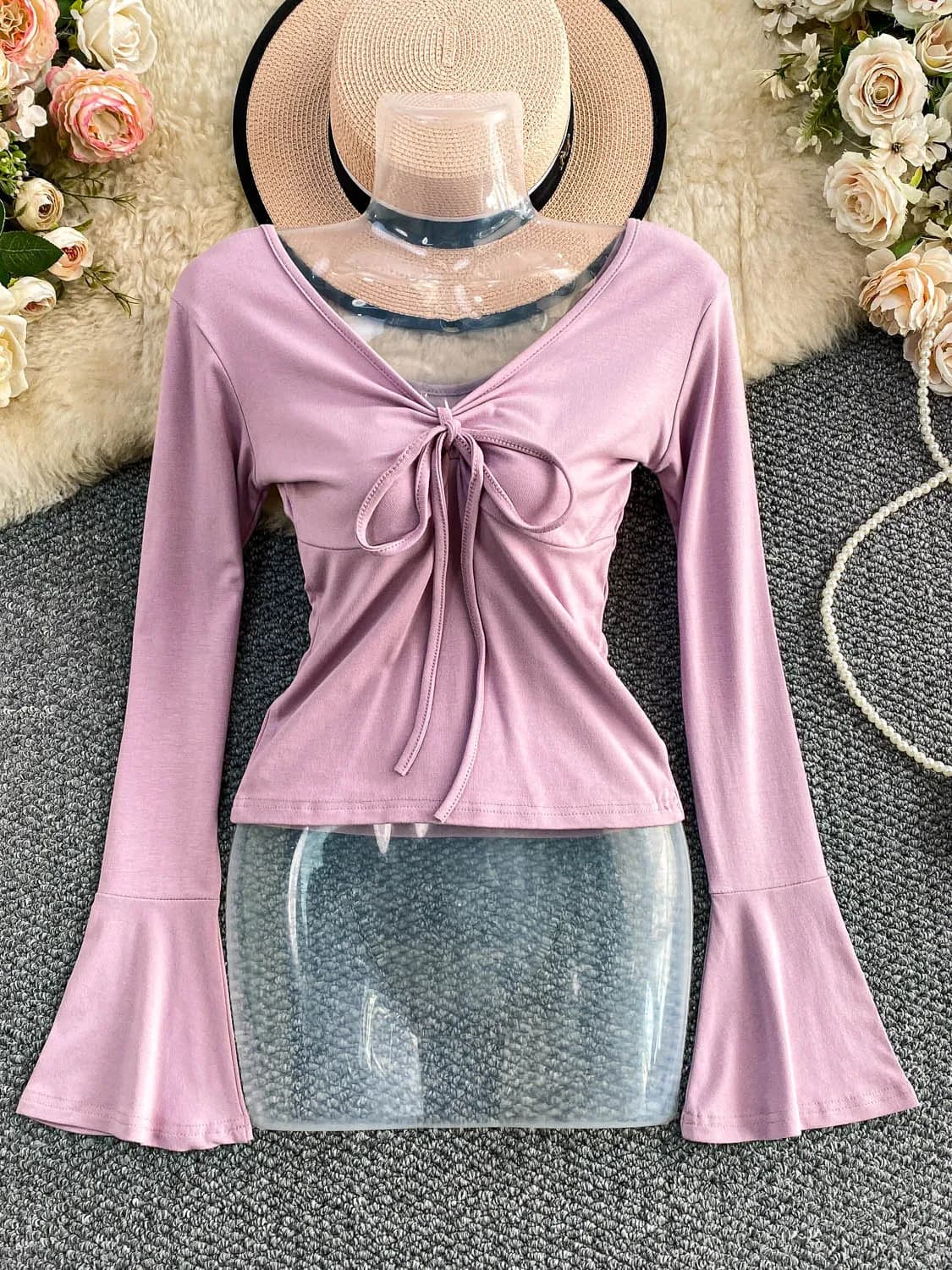 Maglia Sexy da Donna con Scollo a V e Maniche Lunghe a Campana, Stile Casual, con Cintura, Effetto Snellente, per l'Autunno