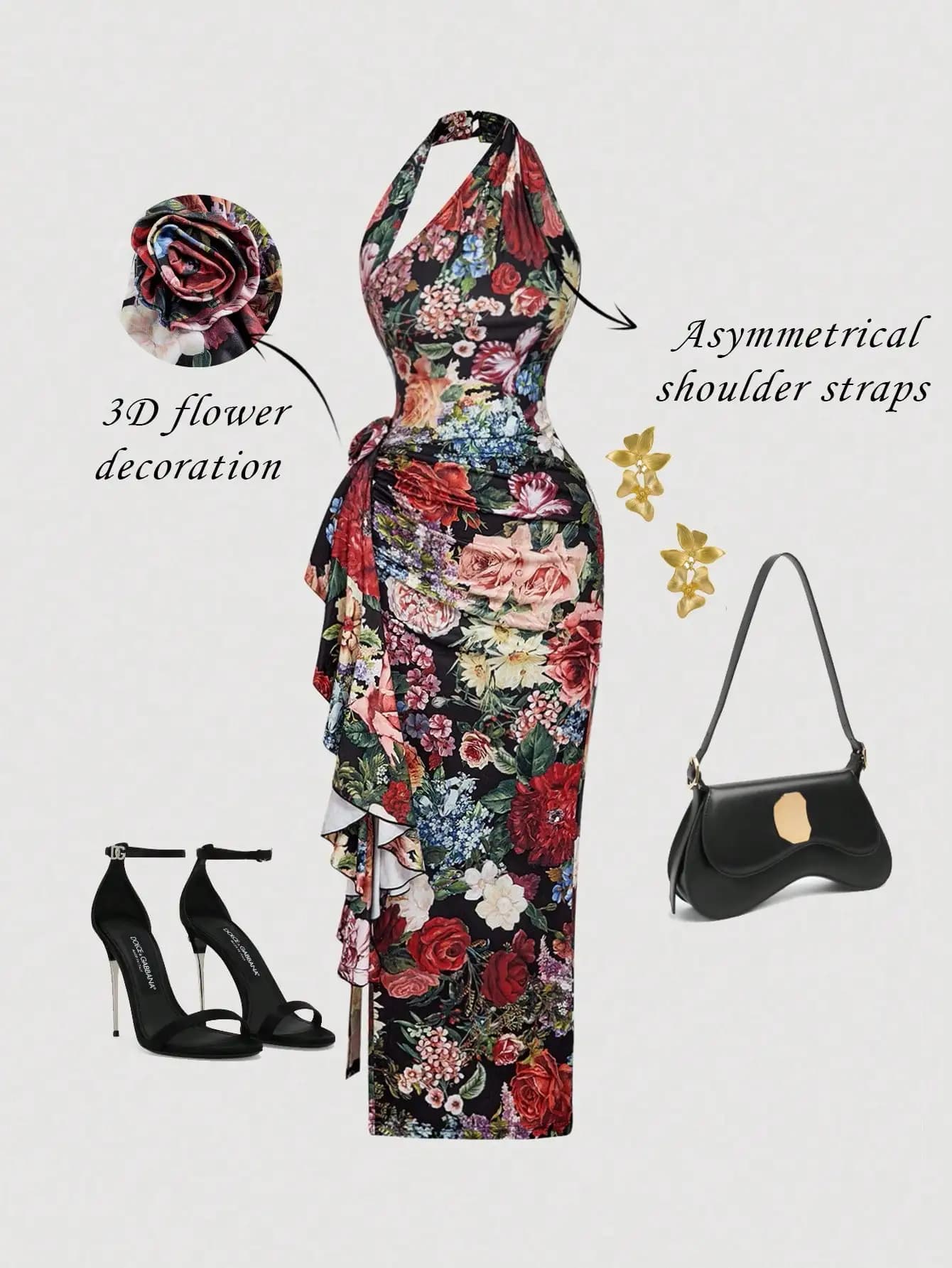 Vibrant Floral Halter Maxi Dress With 3D Bloom Accent And Draped Asymmetrical Straps For Evening, Wedding Guest, Or Festival