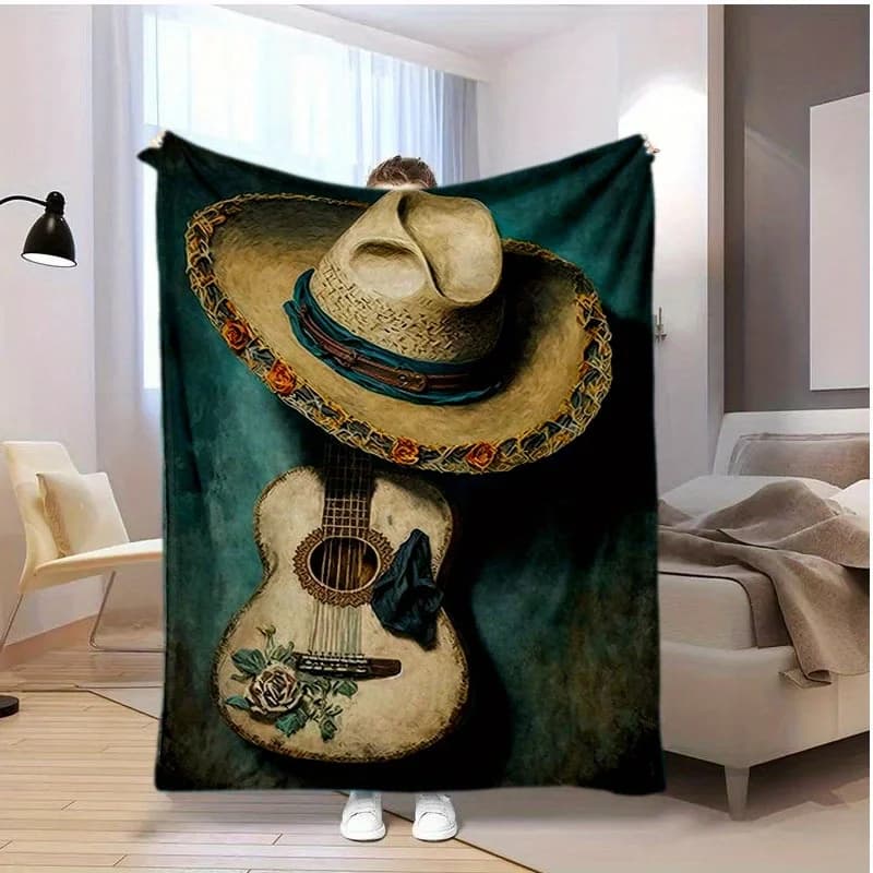Modello di chitarra in stile messicano Coperta stampata in flanella adatta a tutte le stagioni adatta per divano da ufficio e viaggi