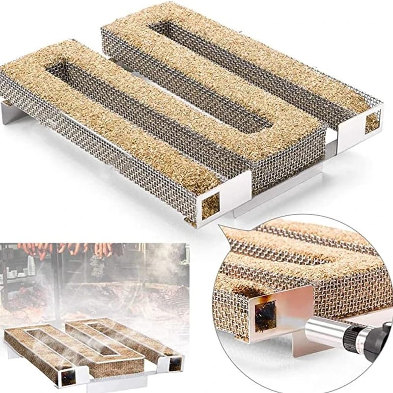 Generatore di fumo freddo Accessori per barbecue Griglia per barbecue in acciaio Strumento di cottura Fumatore Salmone Pancetta Pesce Mini scatola per fumatori di trucioli di legno di mela