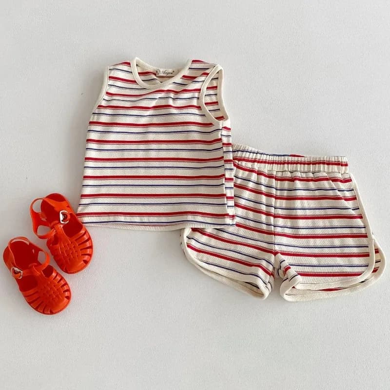 Estate Nuovo Bambino Senza Maniche Vestiti Set Infantile Della Ragazza del Ragazzo Vintage A Righe T-Shirt + Pantaloncini 2 Pezzi Vestito Del Bambino Pigiama Abiti