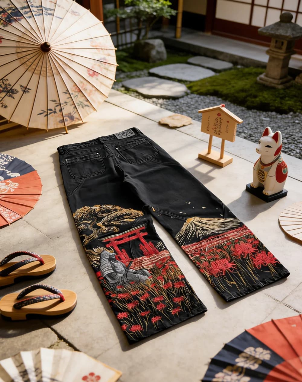 Abbigliamento Moda Giapponese Harajuku Jeans Oversize con Ricamo Samurai Uomo Donna Y2K Street Hip-hop Pantaloni a Vita Alta Gamba Dritta