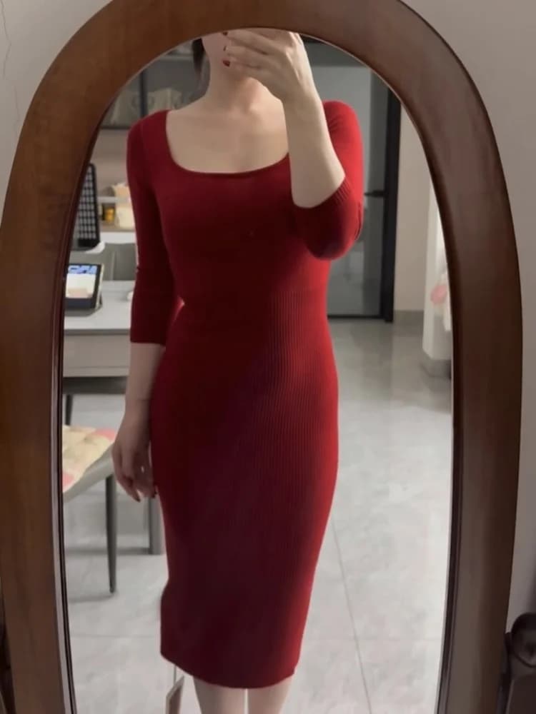 Red Wool Blend Slim Fit Midi Dr with Seven Quarter Sves U-Neline Bodycon Skirt for Women Spring Season Faion