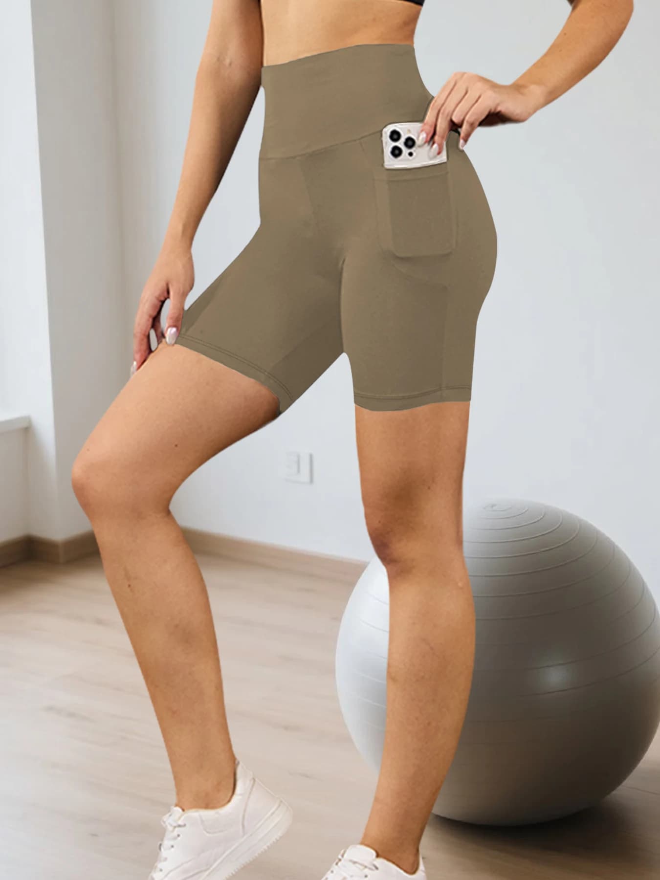 Women's sports shorts with 5 inch high waist biker pockets, super soft, non-transparent belly control