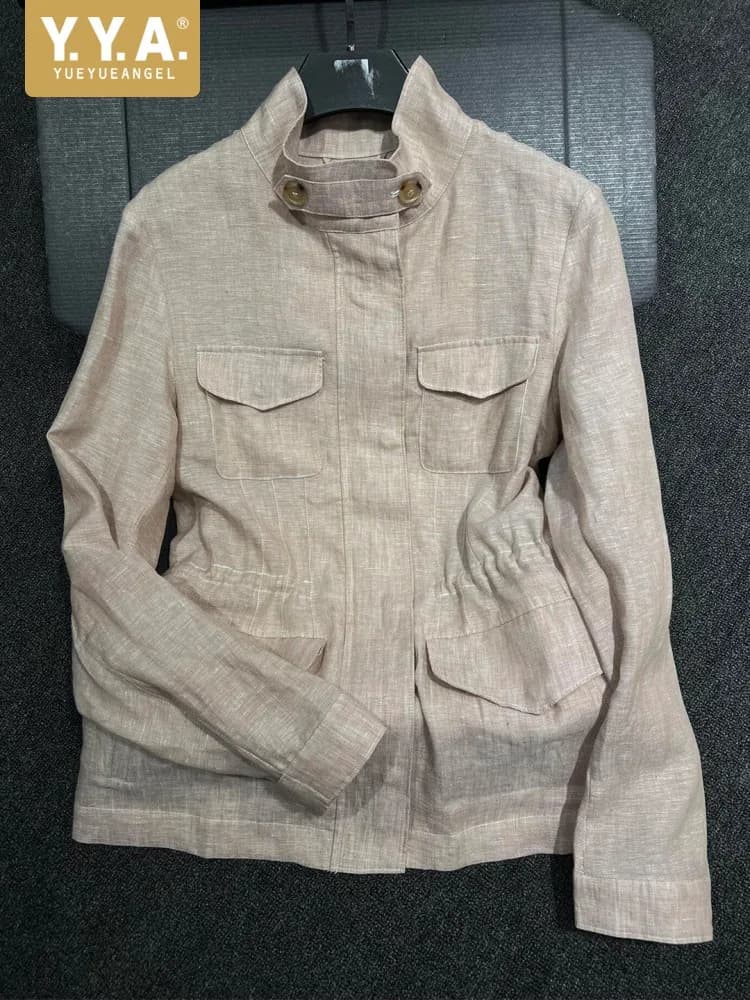 Office Ladies Work Slim Waist Multi Pockets Jacket Women Stand Collar Vintage Outerwear Coat Spring Autumn Casual Jacket