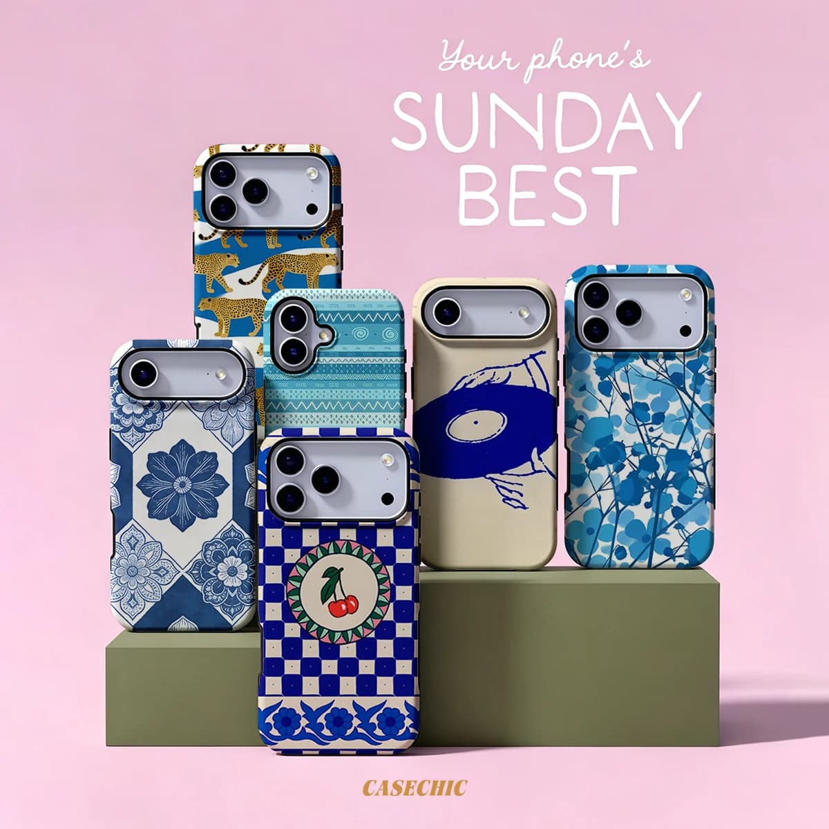 Blue Tile Cherry For 2 in 1 Flower Case For iPhone 17 16 15 14 13 Pro Max Luxury Shockproof Phone Cover