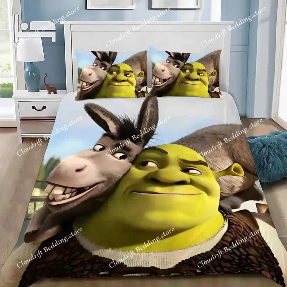 Set di biancheria da letto con copripiumino e federa a tema Shrek, film d'animazione fantasy divertente, decorazione per camera da letto per adulti, ragazzi e ragazze, regalo, misura singola o doppia