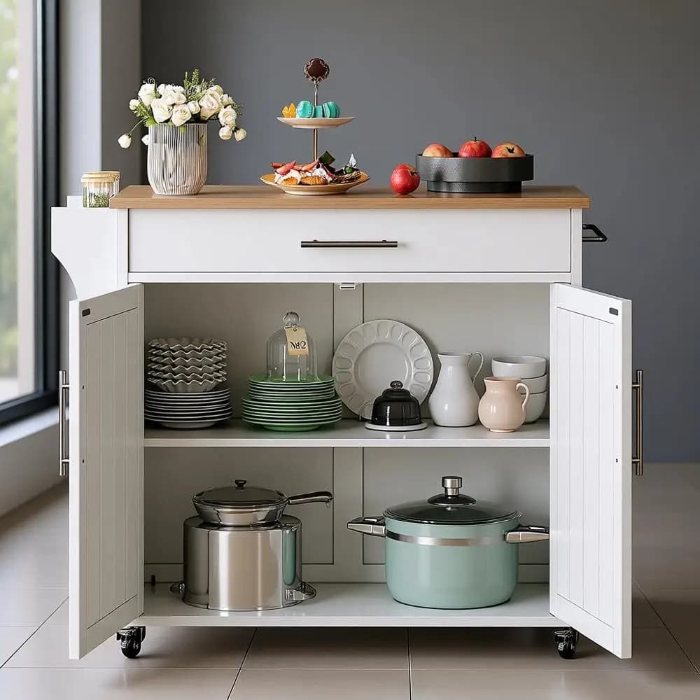 Carrello da Cucina Bianco in Legno con Ruote, Portasciugamani, Portaspezie e Cassetti