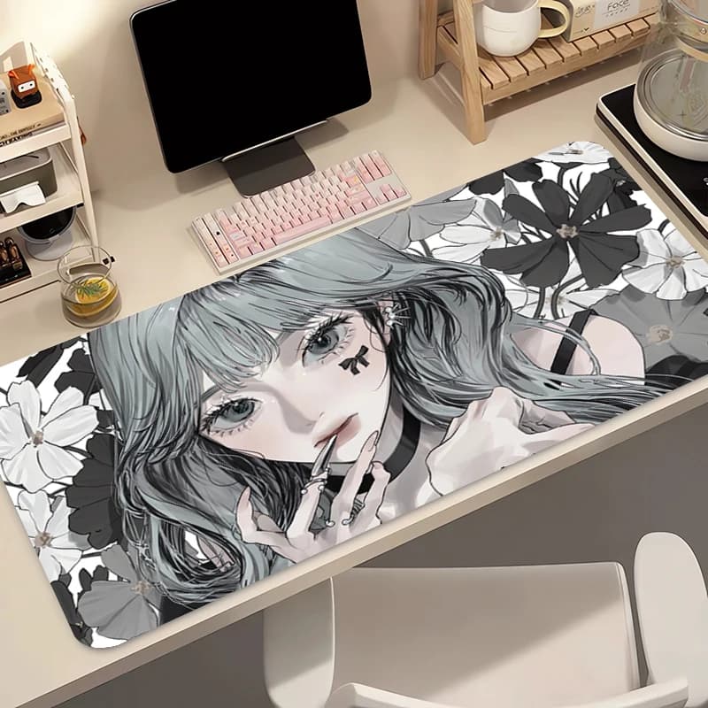 Tappetino per mouse da gaming, tappetino da scrivania grande, antiscivolo, bordi cuciti, stampa ragazza anime con fiocco grigio, tappetino per tastiera da gaming