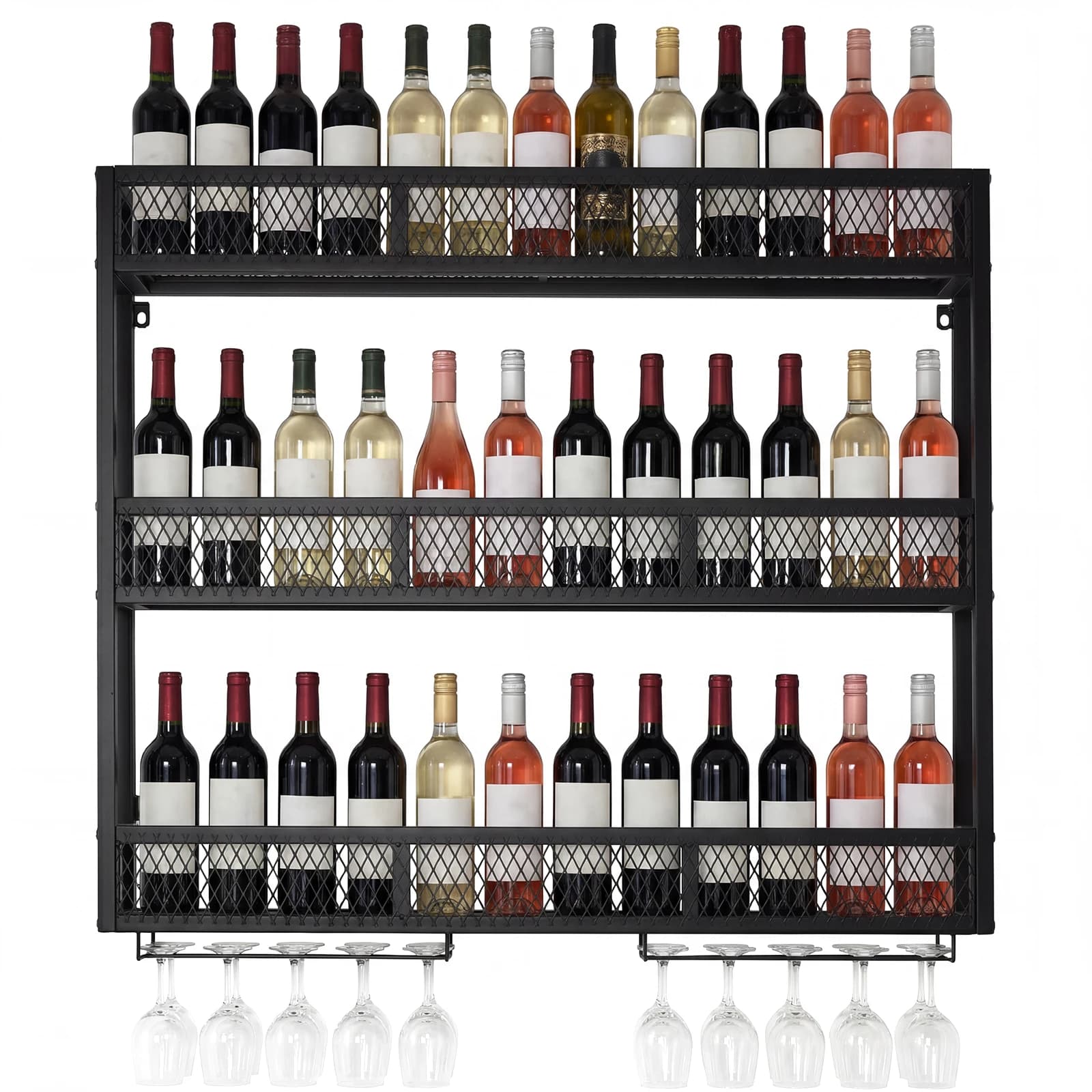 Organizzatore per Vini da Parete a 3 Ripiani da 39 Pollici con Portabicchieri, Espositore per Bottiglie di Liquori, Scaffale per Conservazione per Casa, Cucina, Cantina