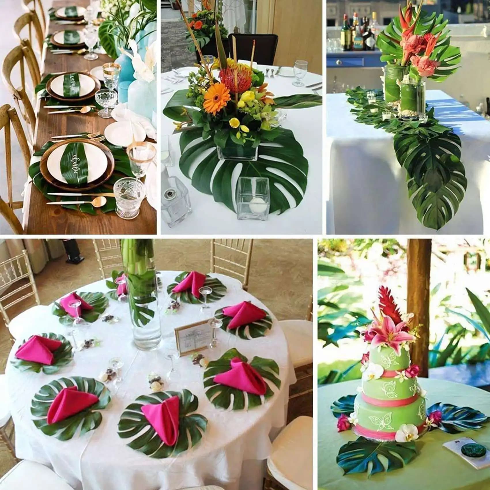 ABJI-120 Pezzi 6 Tipi di Foglie di Palma Artificiali Foglie di Piante Tropicali Finte Steli di Foglie di Monstera per Decorazioni Hawaiane Luau